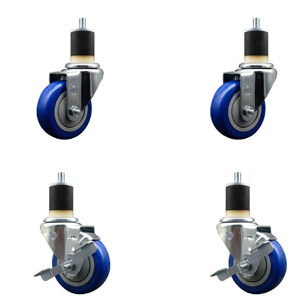 Service Caster 3.5'' SS Blue Poly Wheel Swivel 1-7/8'' Expanding Stem Caster Set 2 Brakes, 4PK SCC-SSEX20S3514-PPUB-BLU-2-TLB-2-178 - main